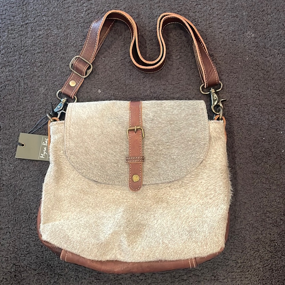 Myra bag all front grey cow hide backside leather
